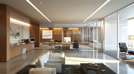 Modern office interior with sleek furniture bright lighting and minimalist aesthetic for showcasing professional workspace large desk city view and contemporary design concept.