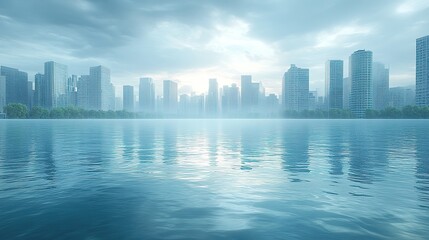 Fototapeta premium A coastal city is engulfed by rising sea levels, with submerged buildings illustrating the long-term consequences of climate change.