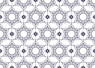 dark blue outline symbol floral on White background, ethnic fabric seamless pattern, design for cloth, carpet, batik, wallpaper, wrapping etc.