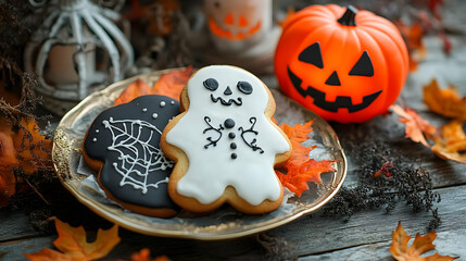 Spooky Halloween Cookies Decorated with Ghost and Spiderweb Designs on a Plate with Fall Leaves and a Jack-o'-Lantern