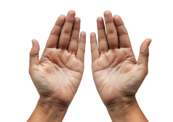 Male hands open palm up in prayer, on transparent background. PNG