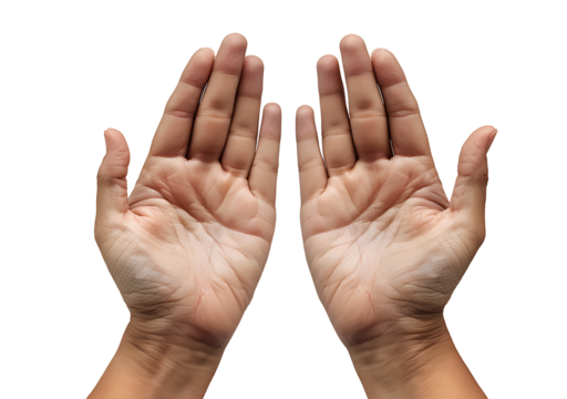 Male hands open palm up in prayer, on transparent background. PNG