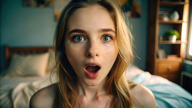 portrait of a woman surprised something in front of her