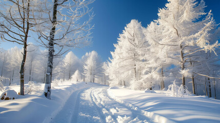 Obraz premium Frosty winter path surrounded by snow-covered trees under a blue sky
