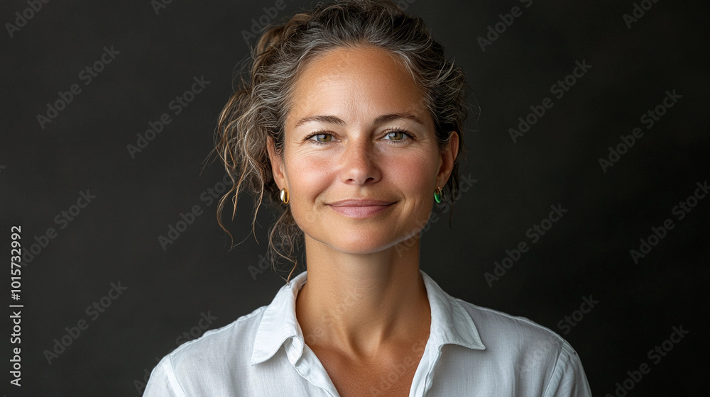 Canvas Prints A woman with a smile on her face is wearing a white shirt and a green earring. She is standing in front of a black background