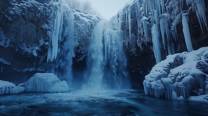 Frozen waterfall surrounded by ice and snow in a winter landscape