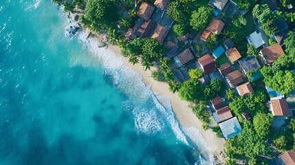 Fototapeta premium Serene Coastal Village with Drones Above