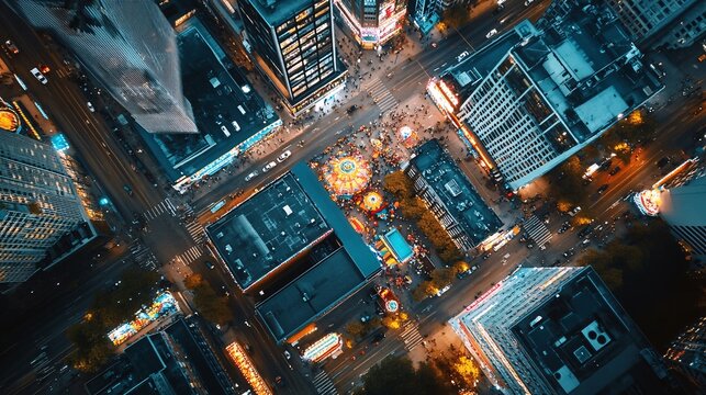 Aerial View of Vibrant Carnival in Urban Landscape