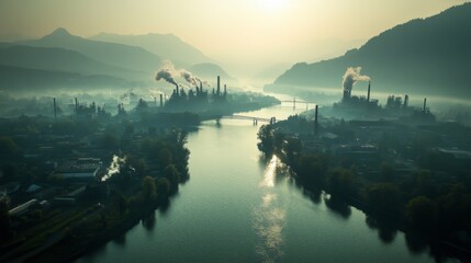 Naklejka premium Industrial Complex with Smoke Stacks and River