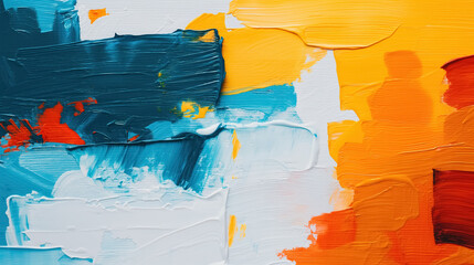 Fototapeta premium Abstract painting featuring bold, textured strokes in blue, yellow, orange, and white. The colors blend harmoniously, creating a vibrant and dynamic visual composition.