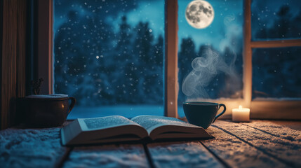 Cozy winter night with open book, steaming coffee, and candlelight by moonlit window