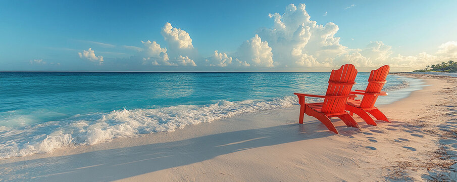 Two red beach chairs are sitting on the sand, facing the ocean. The chairs are empty, and the beach is calm and peaceful. The ocean is a beautiful blue color, and the sky is clear and blue