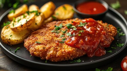 a black plate topped with meat covered in sauce and potatoes