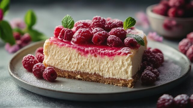 a piece of cheesecake with raspberries on a plate