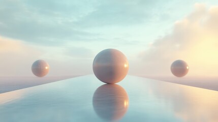 Three white spheres are floating on a body of water