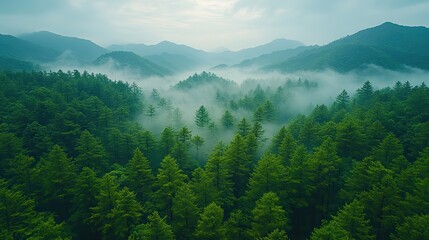 Fototapeta premium A dense forest in Japan is captured from the air, showcasing the country’s natural beauty and the importance of forest preservation.