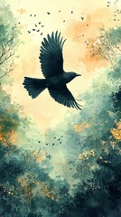 Fototapeta premium Bird Flying Over Lush Green Landscape in Watercolor Style