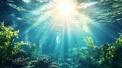 Fototapeta premium Dreamy Underwater Scene with Sunlight and Marine Life