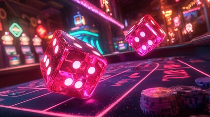 Neonlit dice tumbling across a craps table, casino setting 