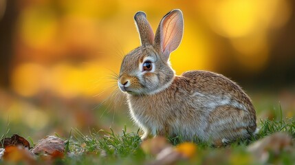 Fototapeta premium Calm Rabbit Resting on Grass in a Serene Scene