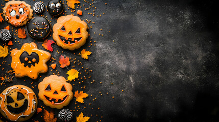 Halloween Decor with Jack-o'-Lantern Cookies and Fall Leaves on a Dark Background