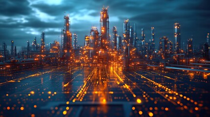 Fototapeta premium A digital depiction of a refining plant, focusing on industrial technology and processes in a high-tech environment.