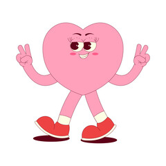 Heart character sticker in retro groovy style. Lovely and psychedelic valentine day walking mascot with face, hands, feet. Romantic vector concept on transparent background