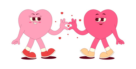 Couple in love, retro hearts characters in groovy style. Lovely and psychedelic mascots with face, hands, feet. Happy Valentines day. Isolated on transparent background