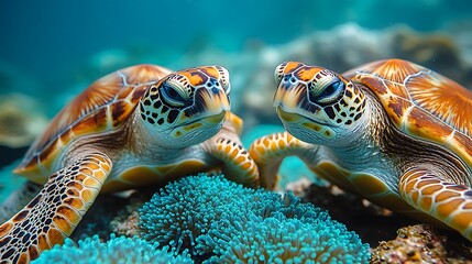 Obraz premium Pair of Endangered Hawksbill Turtles Swimming Side by Side Through a Vibrant Colorful Coral Reef Teeming