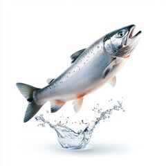 Obraz premium Flying salmon fillet, isolated on a white background, adding a playful and dynamic touch.