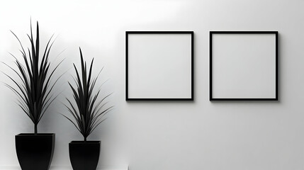 Two Black Frames Hang on a White Wall with Black Plants in Pots