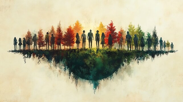 A diverse group of illustrated people circles a globe with growing trees, symbolizing unity in environmental efforts.