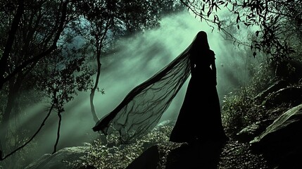 A dark silhouette of a woman standing amidst a misty forest, shrouded in an ethereal atmosphere. She wears a flowing dress and has a long, translucent veil cascading behind her, billowing gently in th