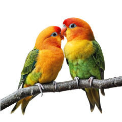 Two lovebirds sitting on a tree branch, isolated on white background