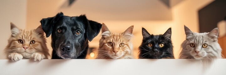 Group of pets looking over a surface, white isolate background