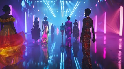 Models in dazzling gowns with strutting down a neon-lit runway for fashion show style elegance glamour design concept.