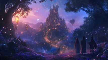 Fototapeta premium A fantastical landscape unfolds with a mystical city in the distance, illuminated by an array of glowing lights against a twilight sky. The scene is rich with vibrant colors, including purples, blues,