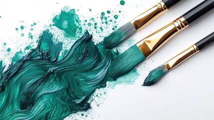Obraz premium Paintbrushes doing abstract green ink line in white background