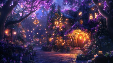 A whimsical scene set in a vibrant, enchanting village at twilight. The foreground features a cobblestone path winding through lush greenery and colorful flowers, illuminated by warm, inviting lights.