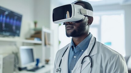 Doctor wearing a VR headset in a hospital office setting, exploring the possibilities of virtual reality in medicine.