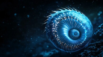 Glowing Nautilus Shell in Deep Sea Darkness
