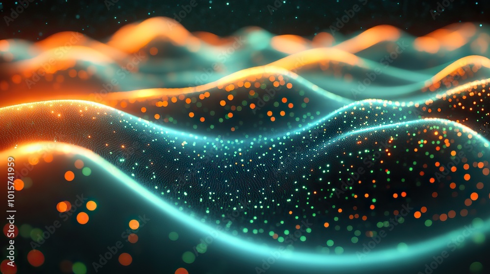 Poster a dynamic 3d wave background with green dots, illustrating futuristic flow technology for digital mu