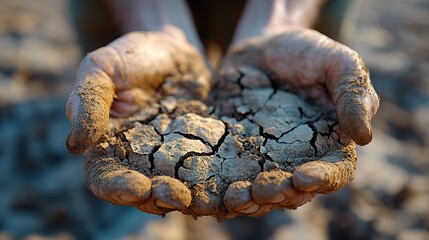Fototapeta premium A farmer examines dry soil in his hands, lamenting the worsening effects of drought due to climate change.