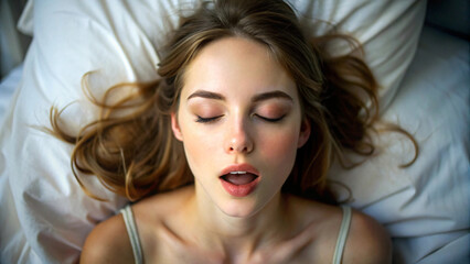 portrait of a young woman have orgasm, feeling pleasure first time in bed room