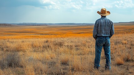 A farmer stands in a dry meadow, hoping for rain as temperatures rise and rainfall becomes increasingly scarce.