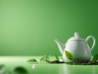Elegant white teapot surrounded by fresh green tea leaves