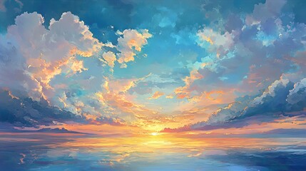 A breathtaking seascape showcasing a vibrant sunset over calm waters. The sky is filled with an array of colors, including soft pinks, oranges, and blues, blending seamlessly into one another. Fluffy 