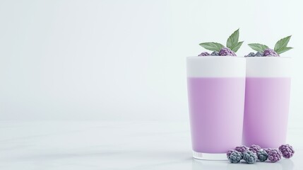 Fresh Blackberry Smoothie in White Cups with Mint Garnish on Marble Surface
