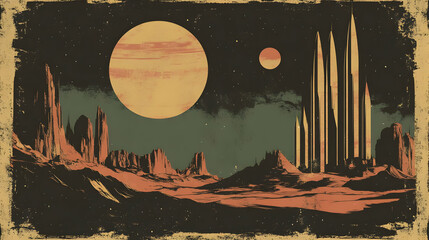 A Digital Illustration of a Desert Landscape with Tall Buildings Reaching into a Starry Night Sky with Two Large Planets Visible