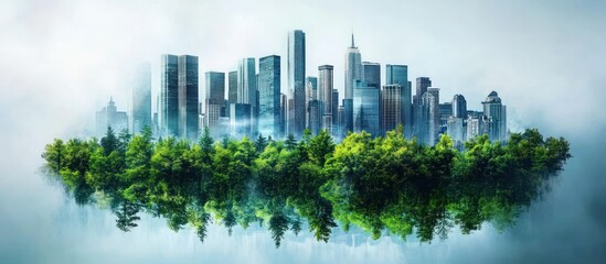 Obraz premium A modern city skyline surrounded by lush green trees, floating in the clouds. The city is reflected in the water below.
